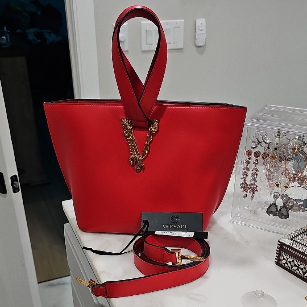 Versace Virtus Bucket Bag Leather Medium Red